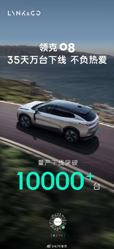 领克 08 35 天量产下线超过 10,000 台。配图