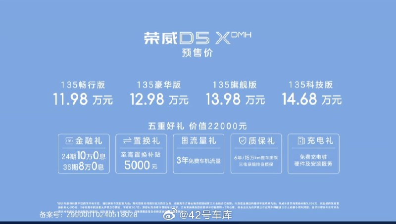 北京车展现场，上汽荣威 D5X DMH 正式开启预售，新车共推出 4 款预售车型，预售价区间为 11.98 万 - 14.68 万元。配图