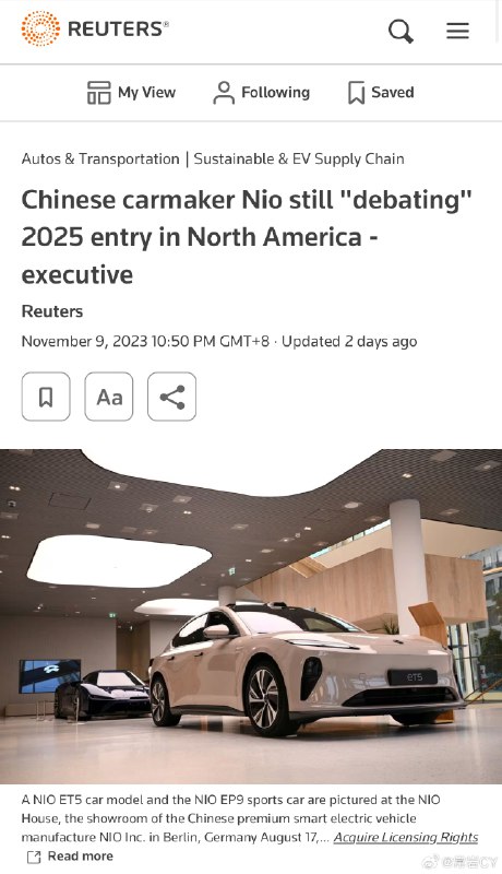 蔚来北美首席执行官 Ganesh Iyer 在路透社活动的 2023 年美国汽车会议上发表讲话时表示，该公司仍在“讨论”2025 年进入北美市场的问题，并考虑在北美建立“任何形式的合作伙伴关系”。配图