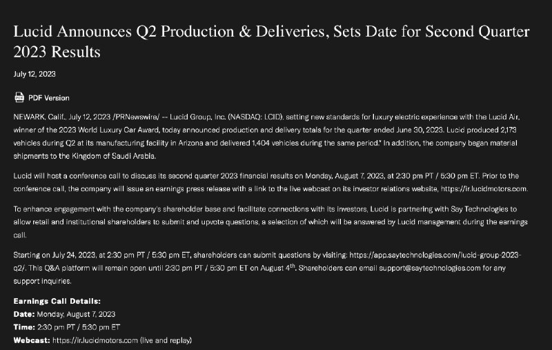NEWS: Lucid announced today it delivered 1,404 vehicles in Q2 2023, compared with 1,406 deliveries in Q1 2023.配图