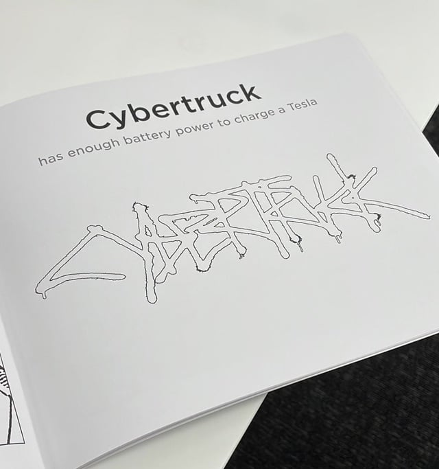 New coloring book at Tesla service centers. states CyberTruck "has enough battery power to charge a Tesla"配图