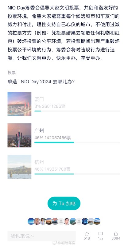 蔚来 NIO Day 举办地区票选，广州朋友力挽狂澜，马上就要追上杭州了，你们的票投给了谁[doge]配图