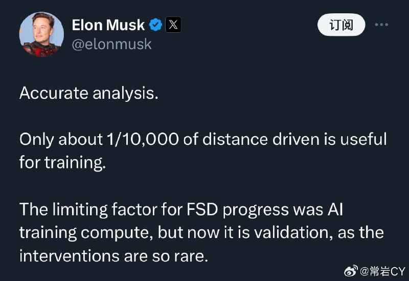 马斯克表示：目前只有大约1/10,000的行驶距离对 FSD 的训练有用。配图