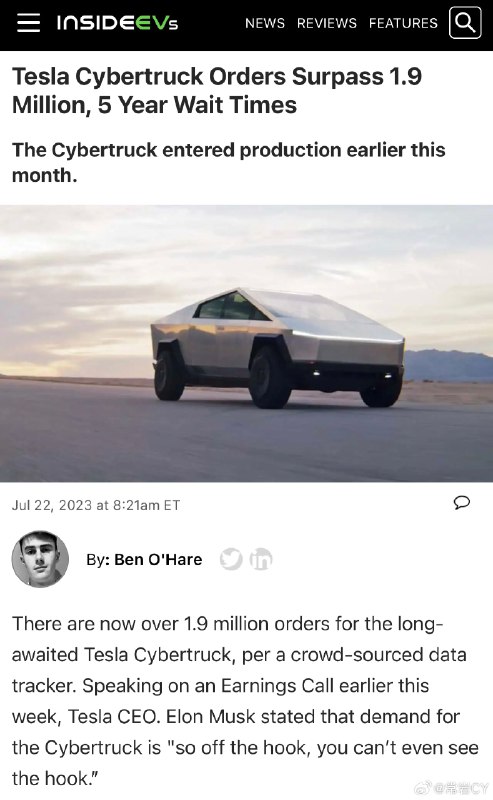 特斯拉 Cybertruck 订单突破 190 万辆，等待时间长达 5 年。配图
