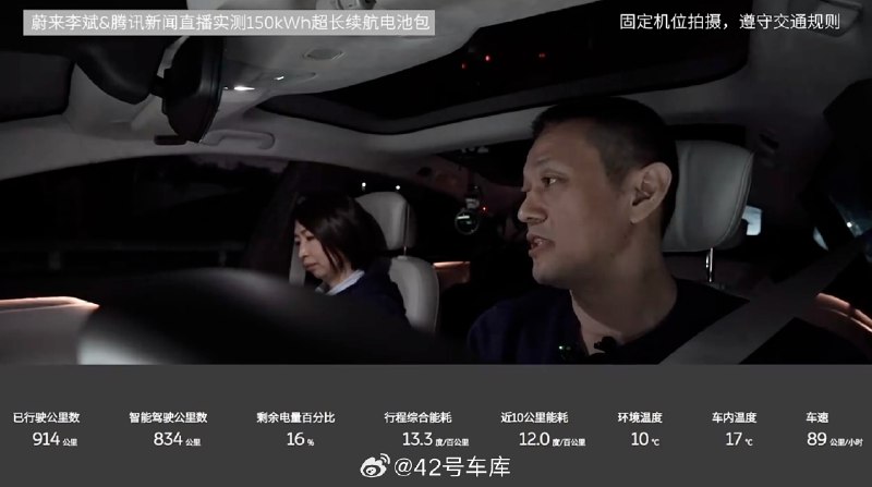 李斌的续航测试直播目前已经跑了 914 km 了，剩余电量百分比为 16%。配图