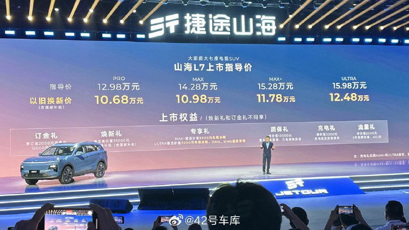 奇瑞捷途山海 L7 正式上市了，新车一共 4 个版本，指导价从 12.98—15.98 万元，打 15 级混动中型 SUV 的市场。具体配置版本如下：配图