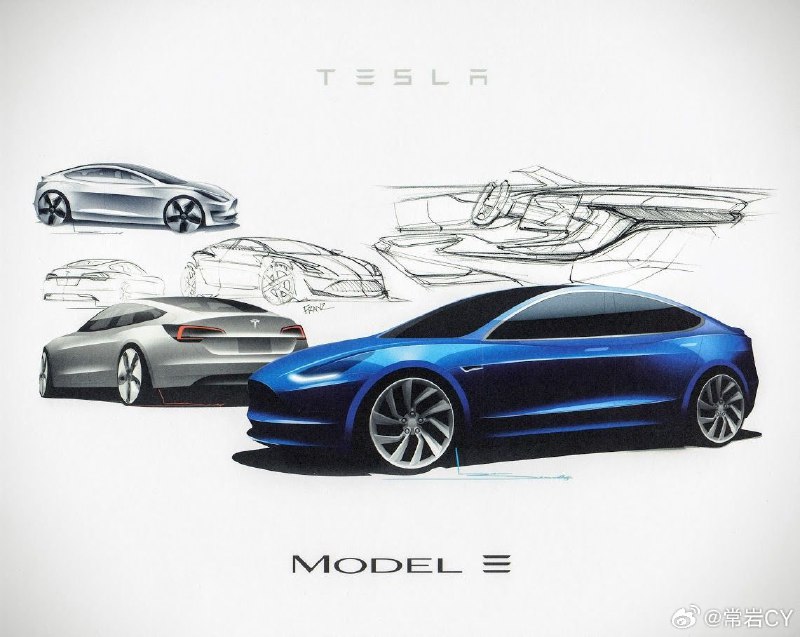 特斯拉公开了全新Model 3的设计草稿。配图