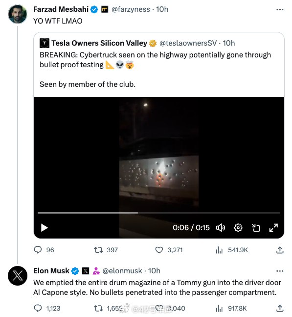 馬斯克表示用了湯普森衝鋒槍以 Al Capone 的風格對 Cybertruck 進行了防彈測試，測試後，沒有任何一發子彈打進了 Cybertruck 的客艙。配圖