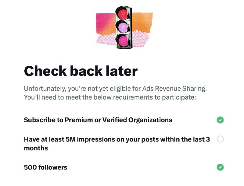 BREAKING: 𝕏 has reduced the impression minimum to become eligible for creator ad revenue sharing from 15 million to 5 million.配图