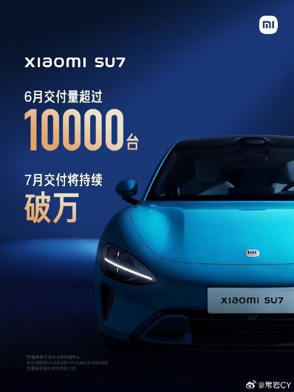 小米 SU7 6 月交付破万，7 月将继续破万。配图