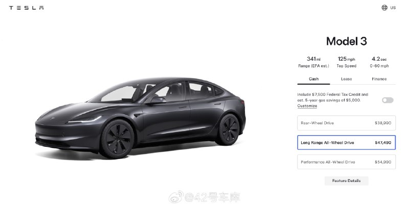 特斯拉 Model 3 海外官网降价了。配图