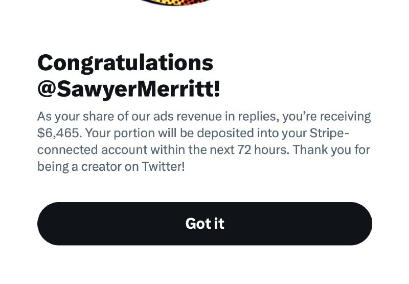 Sure. Since early February I've had about 650 million cumulative impressions. Payout is $6,465. https://t.co/gOIHyPX3g5配图