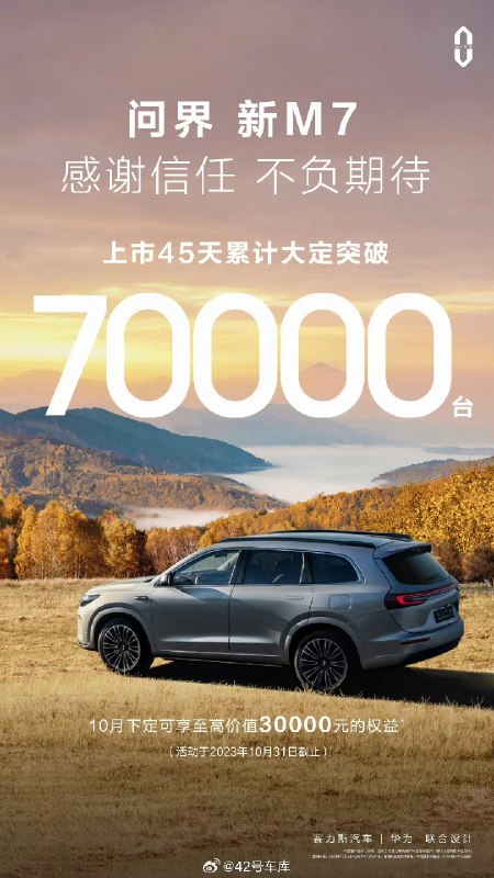 问界新 M7 45 天大定突破 70,000 台。配图