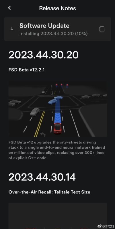 FSD Beta V12.2.1 终于开始向更多普通用户推送。意味着产品更成熟，也将获得更多数据反馈。如果端到端是正确方向，算法、芯片、行驶数据、训练中心…这套系统欧美市场没有几家汽车公司自己能玩儿得起，这会让其他汽车公司购买 FSD 授权的可能性越来越大。配图