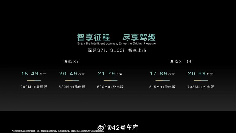 深蓝 S7i、SL03i 价格公布了。配图