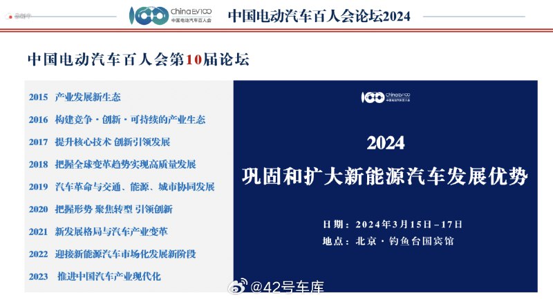 中国电动汽车百人会论坛 2024，将在 2024 年 3 月 15 日到 17 日举行。配图