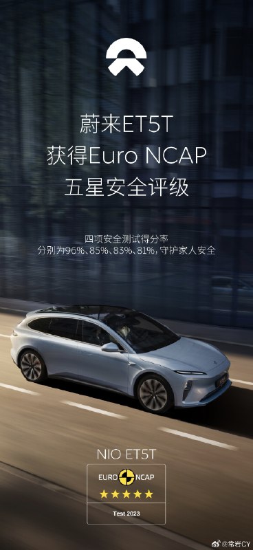 10月11日，蔚来ET5T在Euro NCAP 2023碰撞测试中获得了五星安全评级。配图