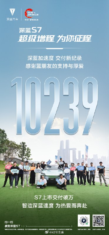 深蓝 S7 截止到 8 月 4 日，交付量为 10,239 辆。配图
