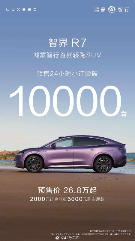 智界 R7 预售 24 小时，小订突破 1 万台。配图