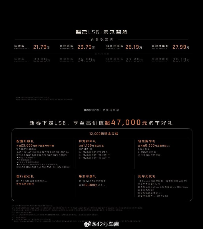 智己推出新春权益，LS6 四个车型都有优惠，今天到 2 月 5 日截止。配图