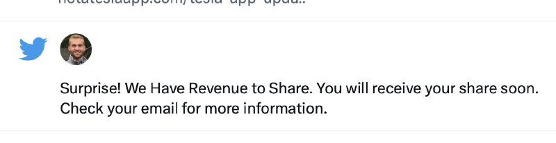 Just got a notification from Twitter saying: "Surprise! We have revenue to share. You will receive your share soon. Check your email for more info."配图