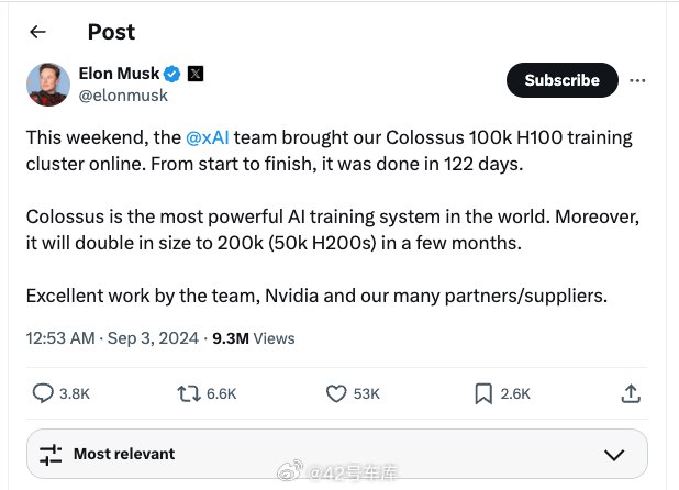 马斯克说，xAI 只用 122 天就完成了由 10 万张 H100 组成的 Colossus 训练集群。配图