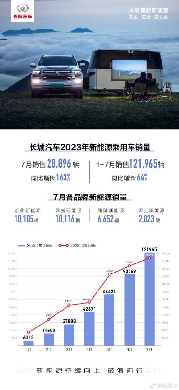 7月，长城汽车智能新能源产品保持高速增长，销售28,896辆，同比增长163%。配图