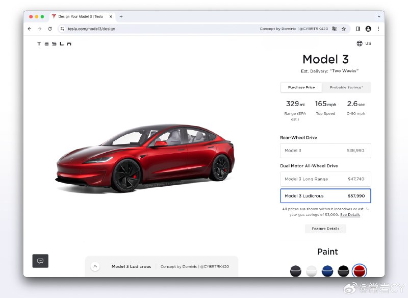 辟个谣，特斯拉官方还没有上架 Model 3 Ludicrous。配图