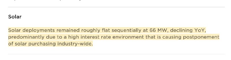 Tesla: "Tesla Solar deployments remained roughly flat sequentially at 66 MW, declining YoY, predominantly due to a high interest rate environment that is causing postponement of solar purchasing industry-wide." https://t.co/ktrmavmceE配图