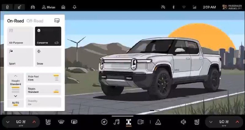 Rivian 这次还更新了自己的智能化系统，整套界面底层由虚幻引擎驱动，别出心裁的是，在各家都在卷“拟真化”的时候，Rivian 反倒放弃了之前的 3D 实景风格，而是改成了类似动漫的平面风。配图