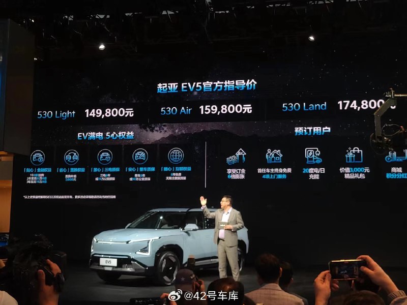 在 2023 广州车展上，起亚 EV5 正式上市，共推出 3 款车型，售价区间为 14.98-17.48 万元。配图
