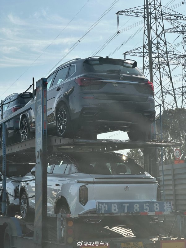 在高速上，看见一板车全新的荣威 RX5 和鲸，但是转念一想，这俩不都停售了？配图