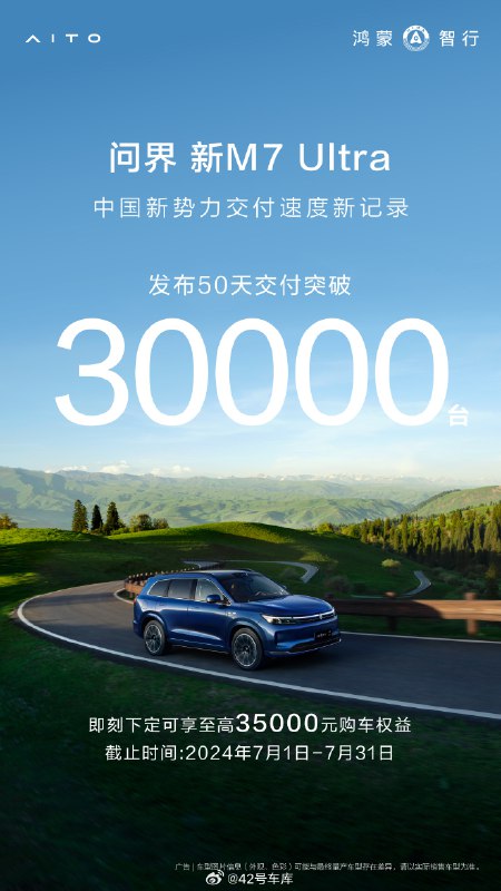 问界新 M7 Ultra 上市 50 天累计交付量突破了 3 万。配图