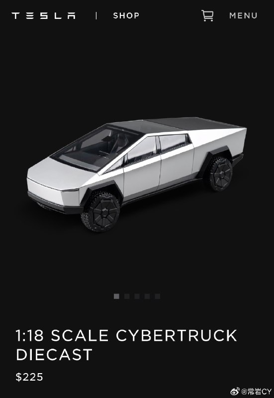 特斯拉美国官网上架了1：18的官方Cybertruck模型。配图