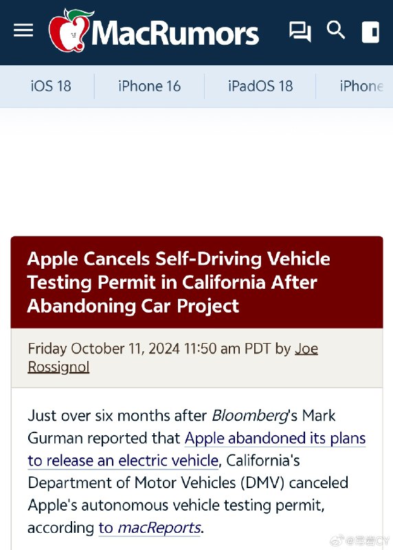 彭博社消息：在 Apple 宣布放弃发布电动汽车的计划仅六个多月后，加利福尼亚州机动车管理局 （DMV） 取消了 Apple 的自动驾驶汽车测试许可证。配图
