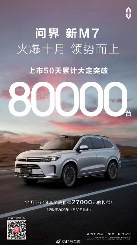 问界新 M7 大定突破 80,000 台了。配图