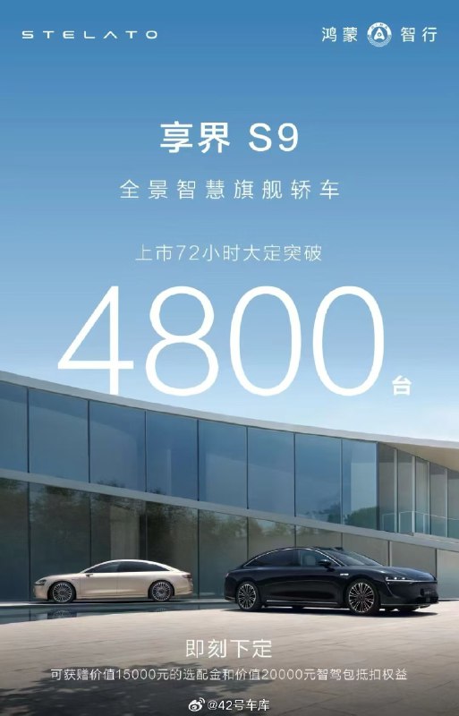 享界 S9 上市 72 小时大定超 4,800 台[打call]这个成绩放在 40 万级纯电豪华轿车领域还是相当不错的。配图
