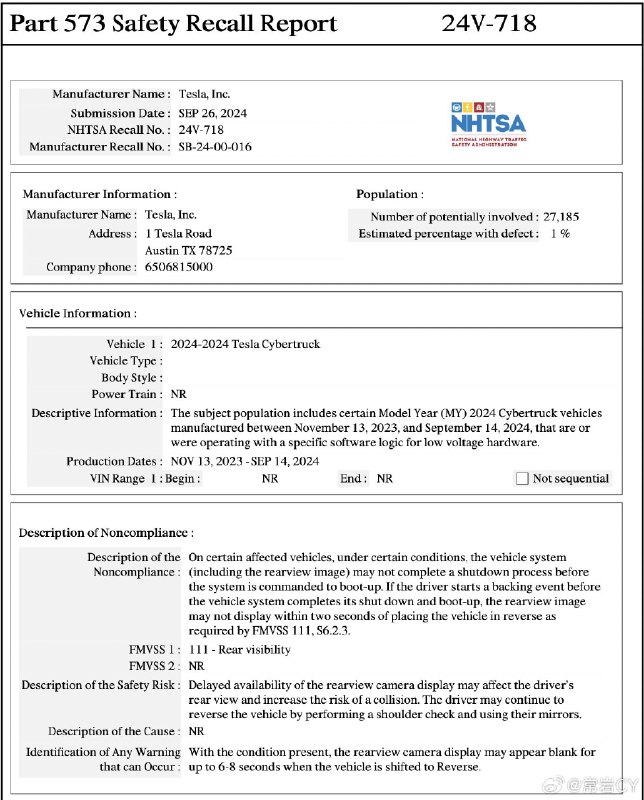NHTSA的文件显示，截至9月14日，特斯拉可能已经制造了27,185辆Cybertruck。配图
