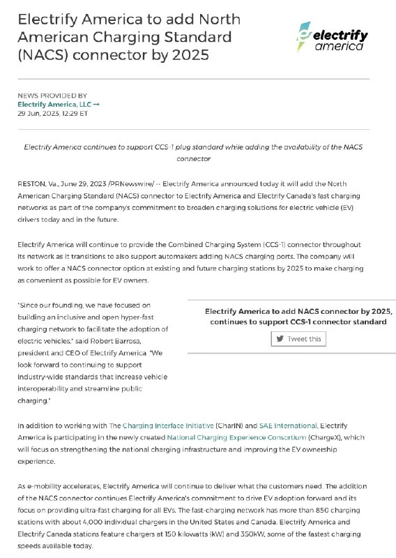 BREAKING: Electrify America announced today it will adopt @Tesla's North American Charging Standard (NACS) connector to Electrify America & Electrify Canada's fast charging networks.配圖