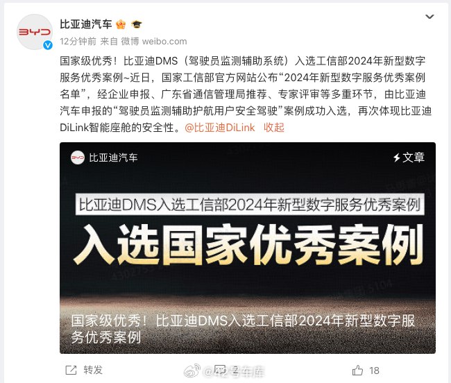 比亚迪 DMS（驾驶员监测辅助系统）入选了工信部 2024 年新型数字服务优秀案例。配图