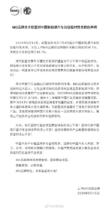 #上汽MG关于欧盟加征关税的声明#配图
