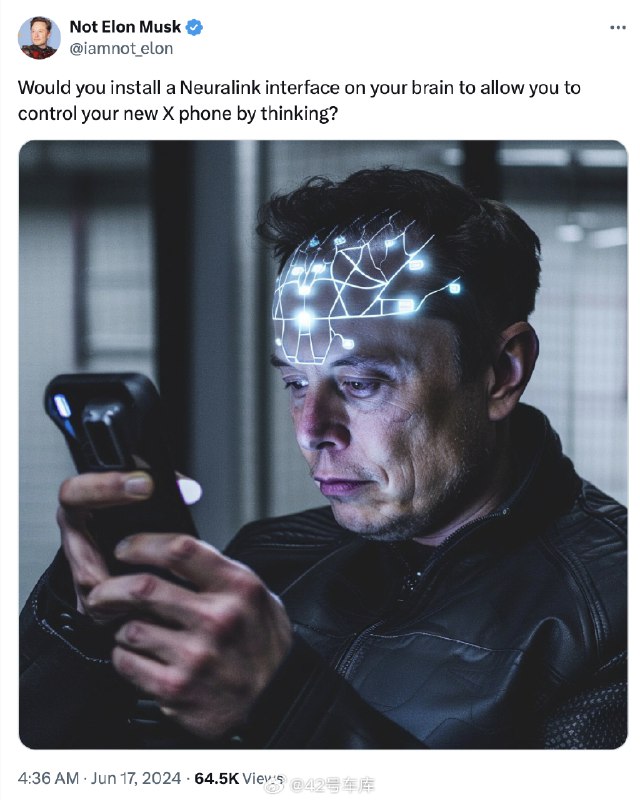 马斯克在 X 称：「未来将不再有手机，只有 Neuralink。」他认为脑机接口技术能帮助人们用思想控制手机能做到的事。配图