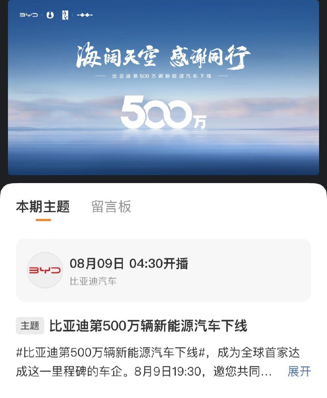 BYD’s 5 millionth NEV will be rolling off assembly line at 7:30pm on 8/9/2023. It’ll be the 1st NEV maker worldwide to reach that milestone.配图