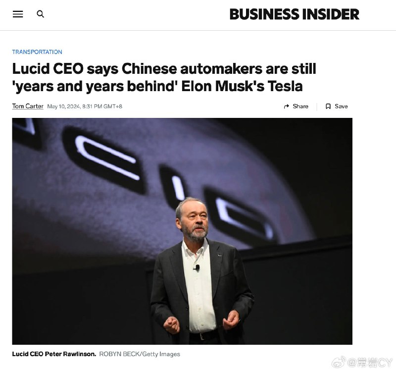 Lucid的CEO彼得·罗林森表示，中国汽车制造商在电动车技术上仍然“落后特斯拉数年”。配图