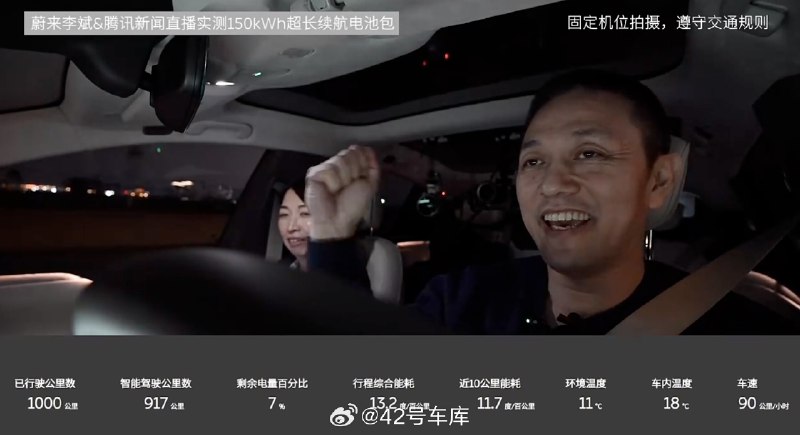 李斌所开的搭载了 150 kWh 电池的 ET7 续航破 1,000 km 了。配图
