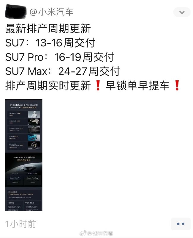 看到朋友圈小米汽车的销售发的[哆啦A梦吃惊]现在下定的话：配图