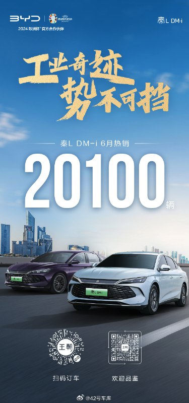 比亚迪秦 L 6 月份卖了 20,100 台。配图