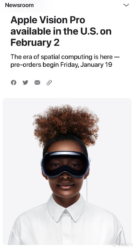 苹果Vision Pro将于1月19日起接受预定，并于2月2日起开始交付。配图