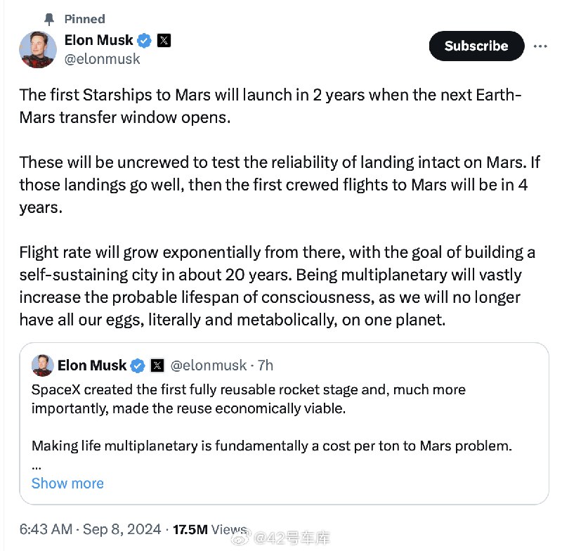 今天马斯克在 X 上发文称，第一艘前往火星的星舰飞船将在 2 年后发射，着陆顺利的话四年后开始载人飞行。配图