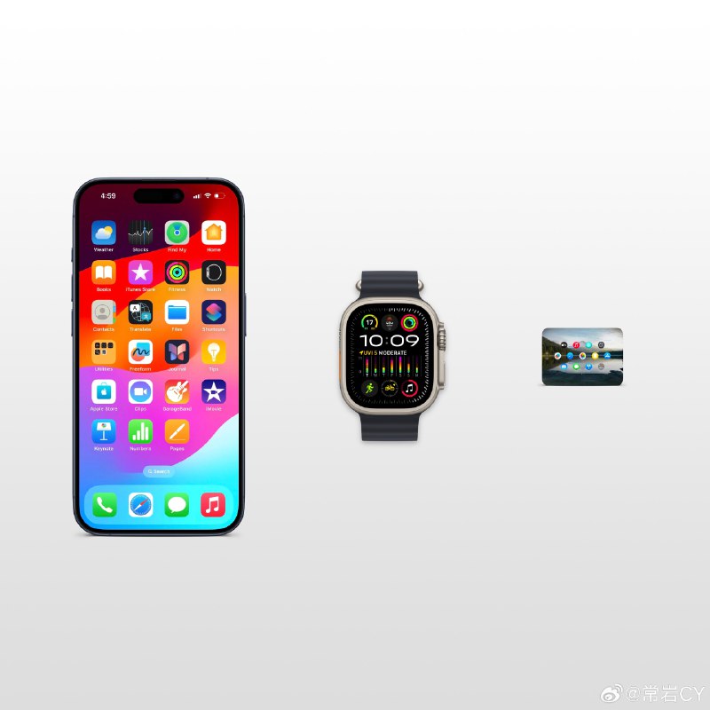 iPhone 15 Pro Max、Apple Watch Ultra和Apple Vision Pro屏幕组件的实际面积对比。配图